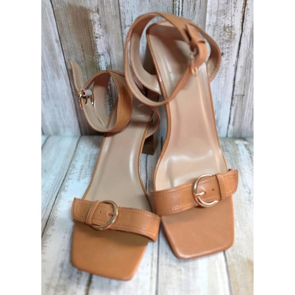 SODA Women's Tan Buckle Block Heel Sandals Square Toe Ankle Strap - Picture 4 of 6